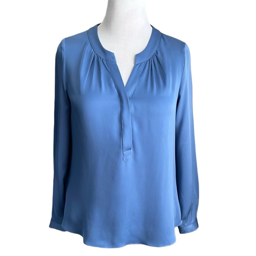 Milly Womens Collared V-Neck Silk Henley Blouse Blue Size 8